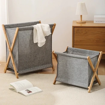 Foldable Cotton Linen Laundry Basket with Wooden Frame – Hamper & Bathroom Organizer 1