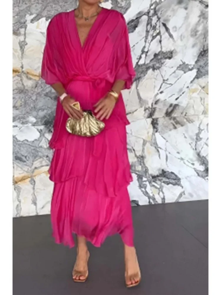 wmstar dress women wholesale 2025 New European American cross border summer solid color V neck chiffon cake Bat sleeve dresses