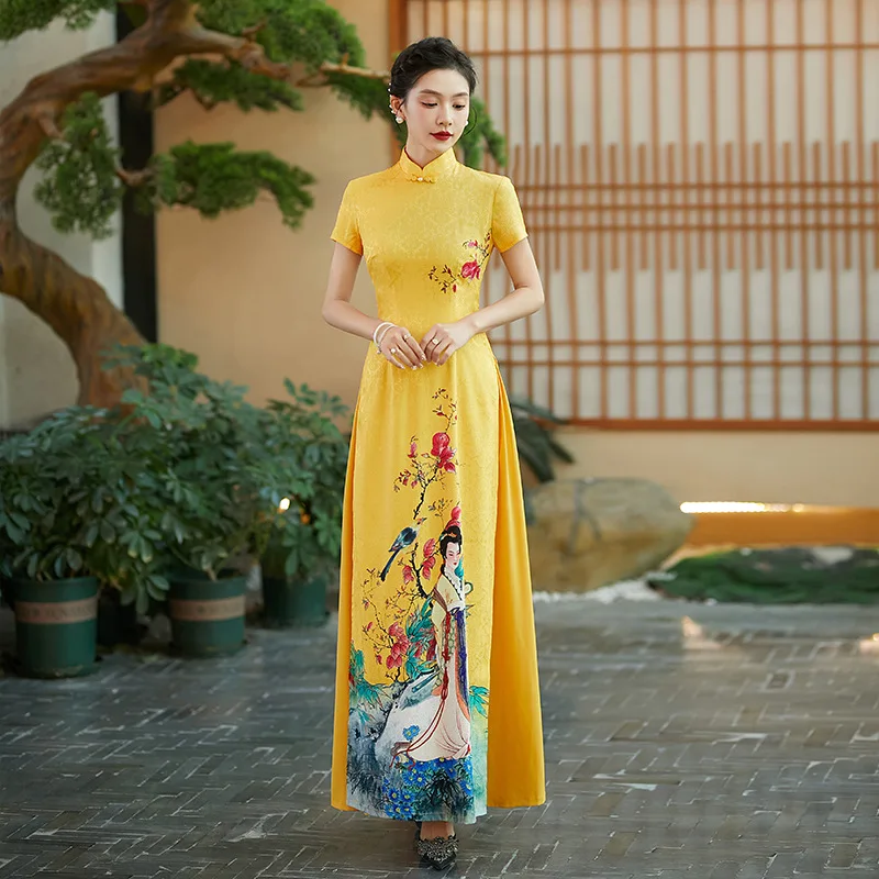 

Ao Dai Vietnam Traditional Cheongsam Gown Elegant Oriental Evening Long Dress Chinese Qipao Girls Yellow Dresses Casual Guzheng