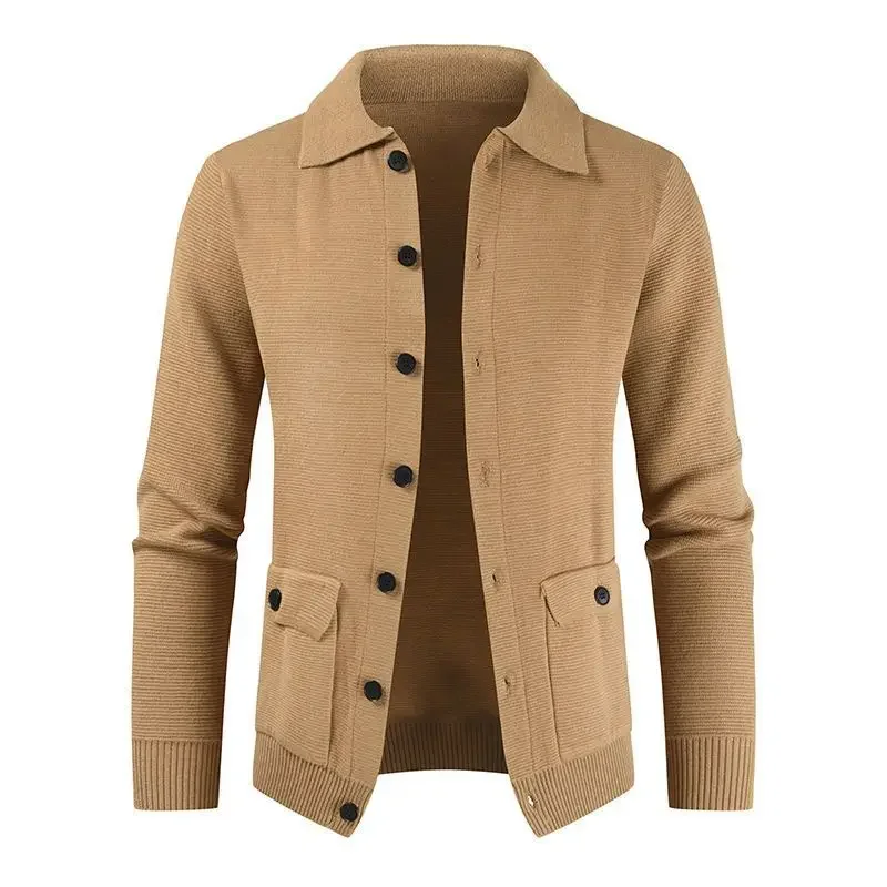 European and American Men's Fashionable Pure Color Lapel Pocketed Slim-fit Long-sleeved Knitted Sweater for Winter. M-XXXL 3