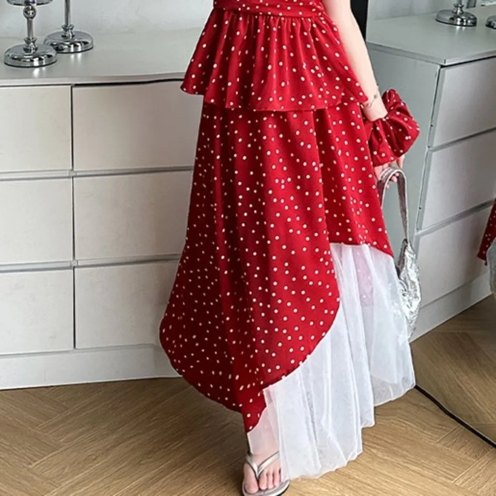 Red Polka Dot Kids Ruffles Dot Dress Ruffled Sleeveless Long Girls Suspenders Skirt Camisole Top Loose Children Red Dress Party
