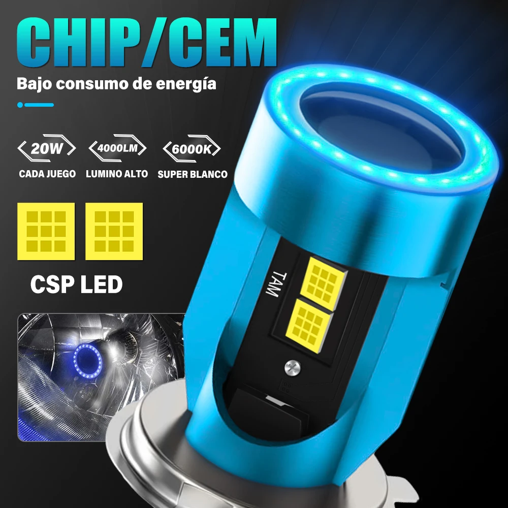 

Motorcycle Car LED Headlight Bulbs with Angel Eye Circle 9003 HB2 H4 Hi Lo Beam 12-48V 21W COB Chips 6000K Red Blue