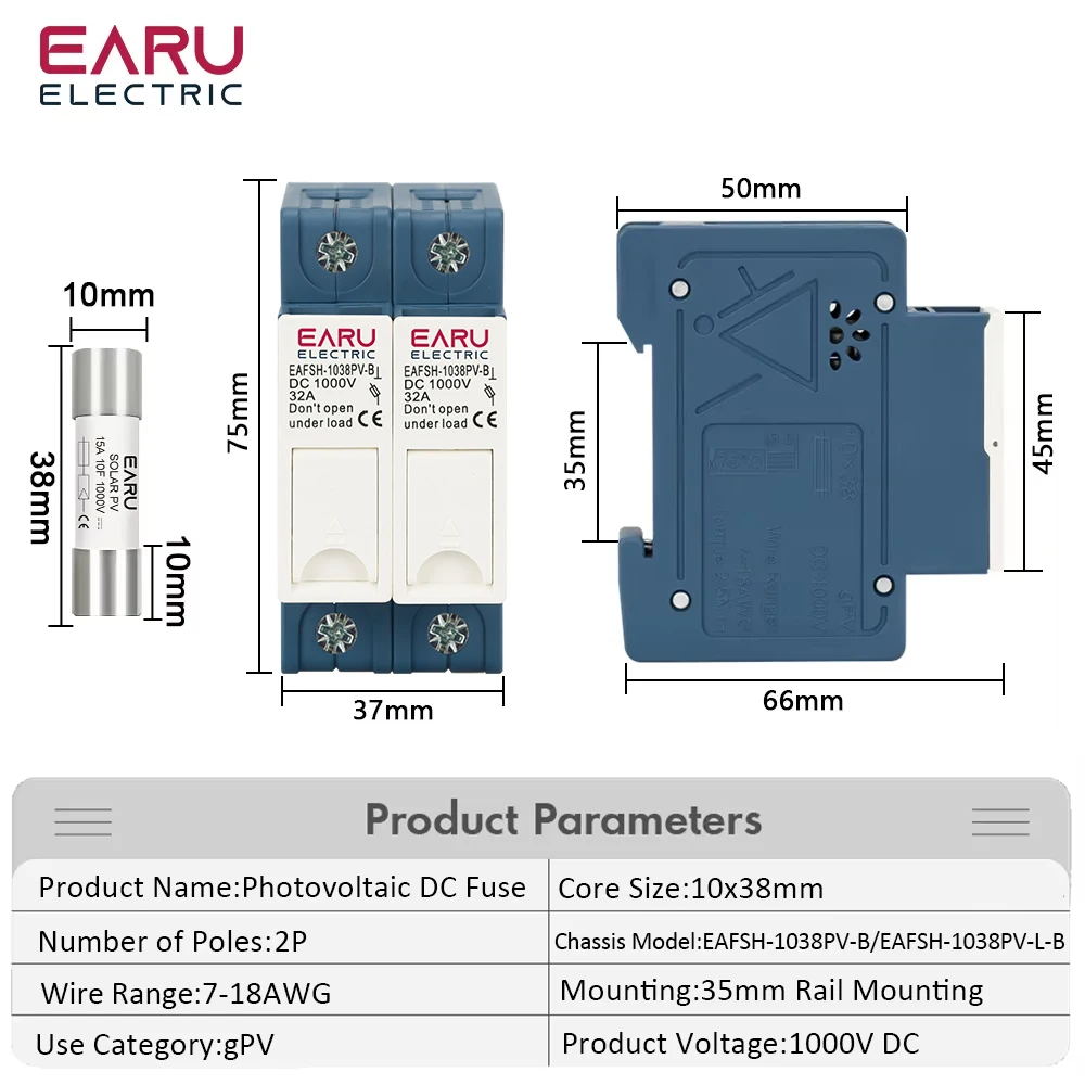 Description Picture 3 of itemOne Set 2P DC Fuse Holder 10*38mm High Voltage Solar PV 1000V 6A-32A Base Photovoltaic System Protection Protector gpV Parallel