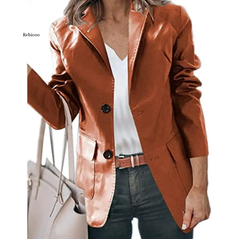 

Женский деловой блейзер с лацканами, пиджак, деловой пиджак стандартной длины, офисный блейзер из искусственной кожи для деловых случаев