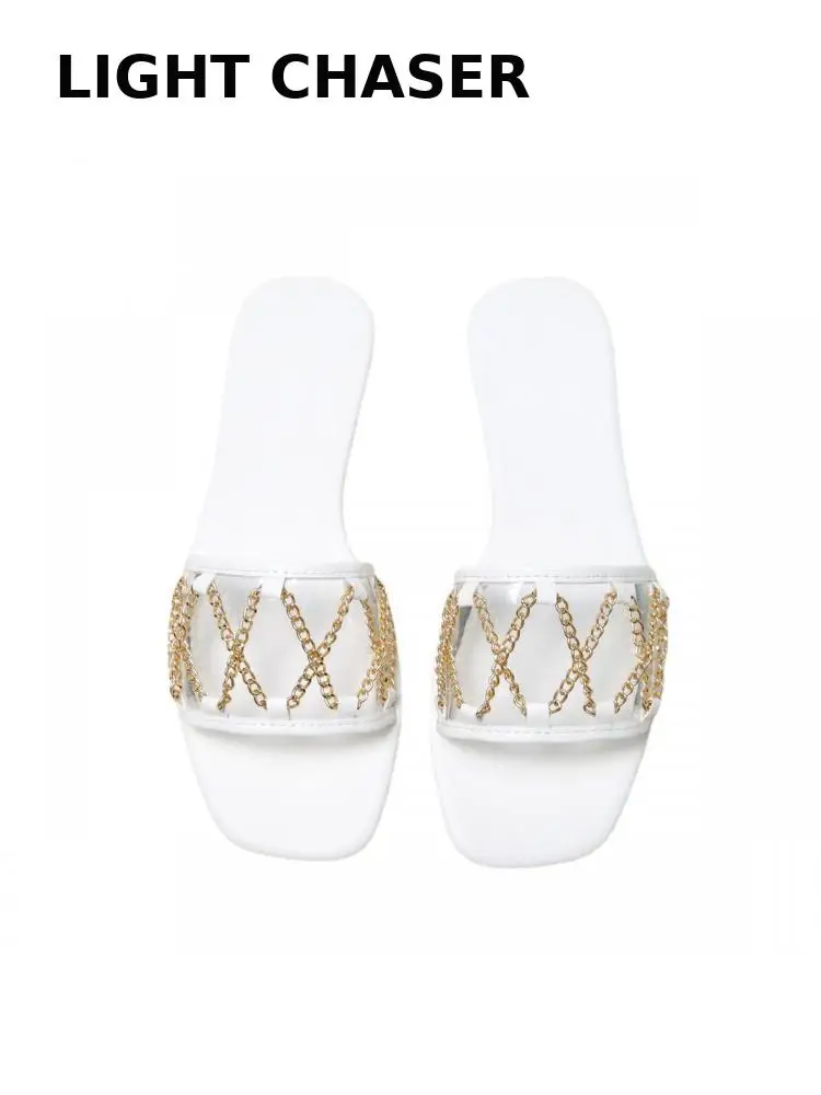 Fashion Metal Chain Casual Women's Slippers New Sandals Women's Metal Pvc Surface Flat Bottom Outer Wear Beach Slippers Women