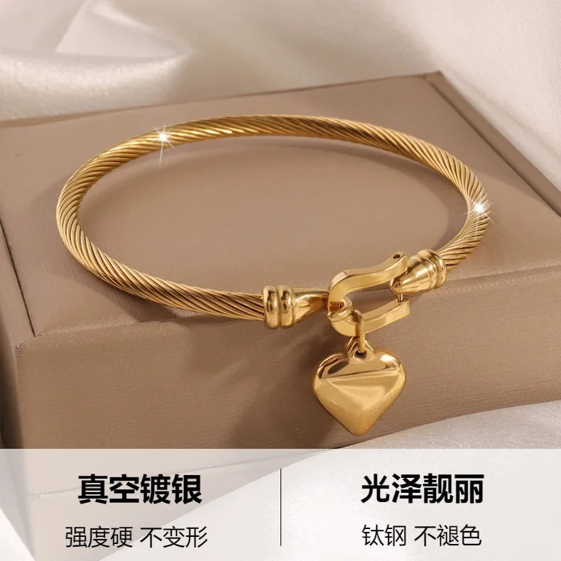 18k Gold Color Stainless Steel Heart Pendant Charm Bangle Bracelets For Men Women
