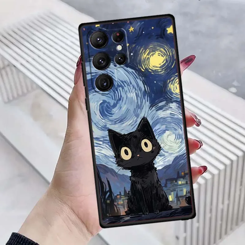 Adorable Cartoon Cat Illustration Black Soft TPU Phone Case
