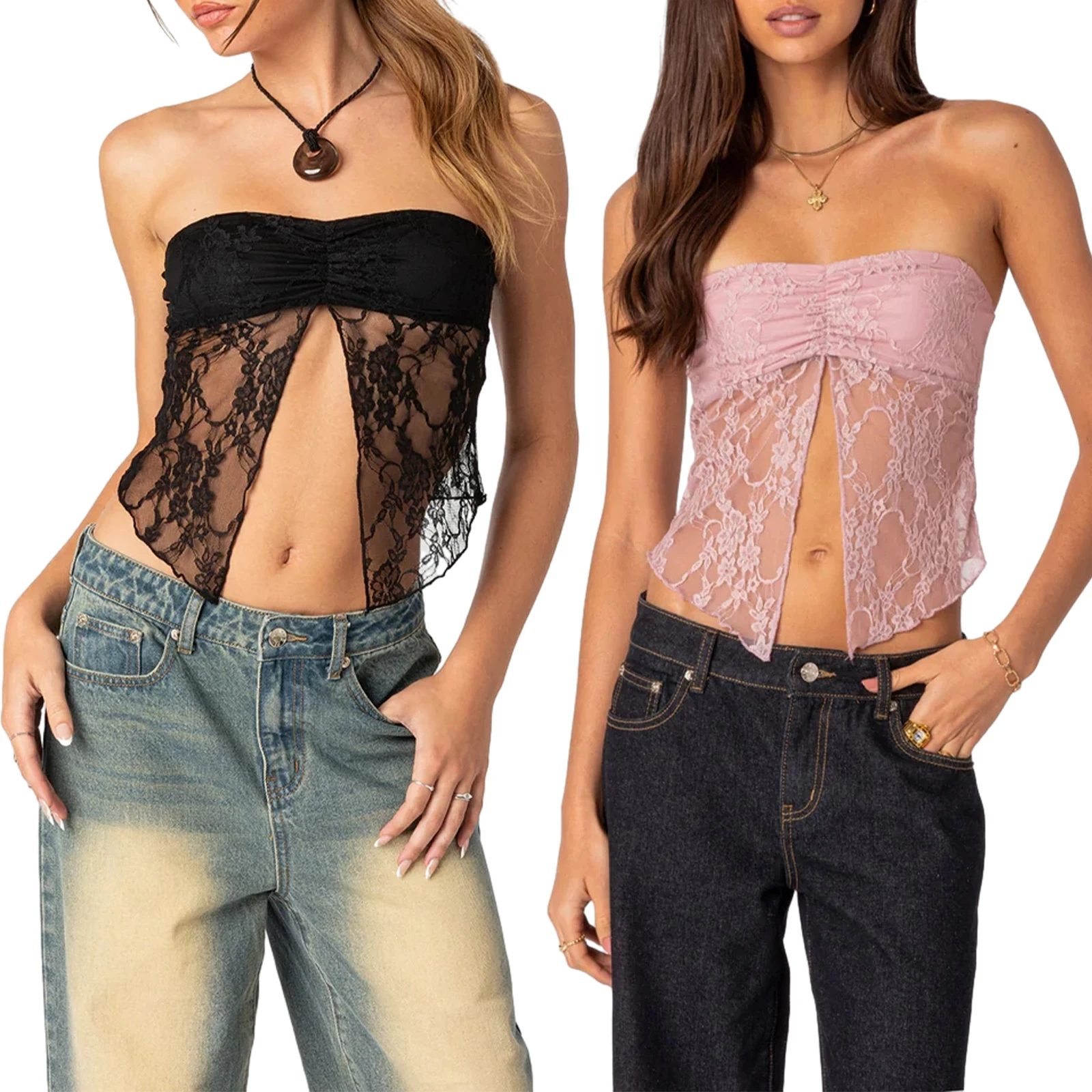 

Женские кружевные топы без бретелек, летние укороченные рубашки-бандо с открытой спиной, уличная одежда, эстетичная одежда гранж