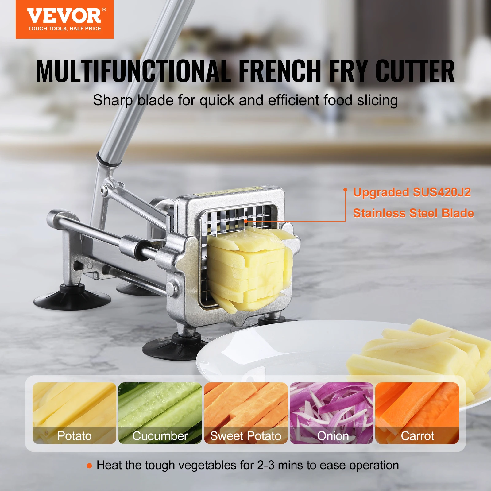 VEVOR French Fry Cutter Potato Slicer 1/2 3/8 1/4-Inch Stainless Steel Blades for Potato French Fries Cucumber Vegetables Carrot