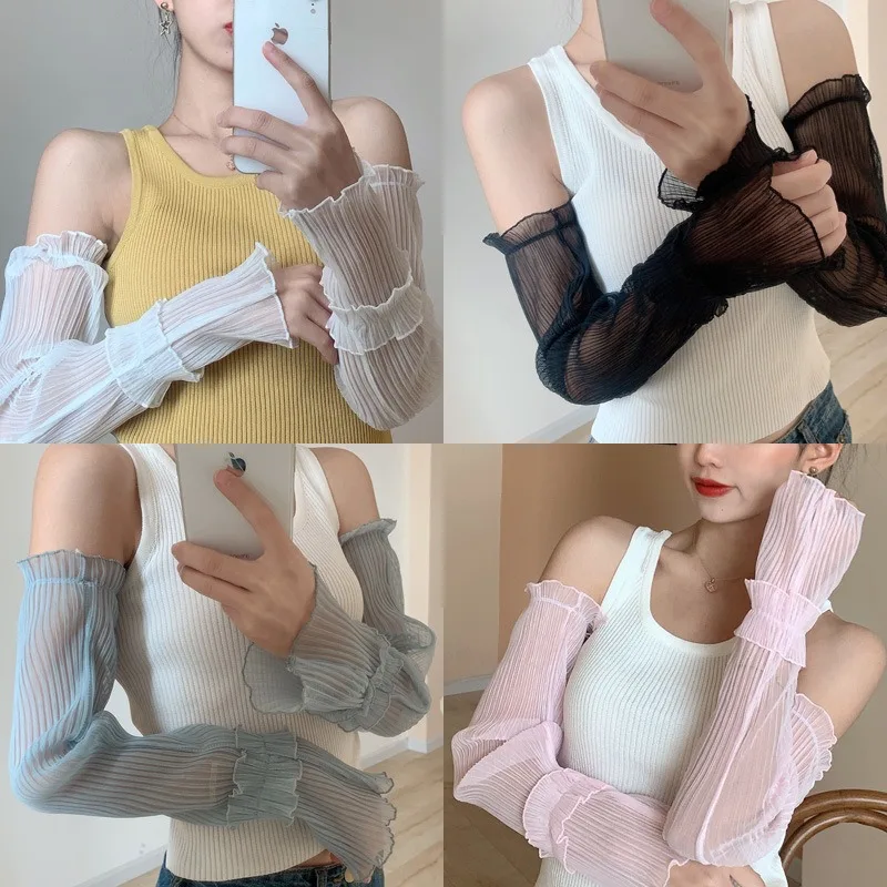 Summer Lace Sleeve Sun-protective Arm Cover Ice Silk Chiffon Edge Sunshade Sleeve for Women Driving Car Ice Arm Sleeves