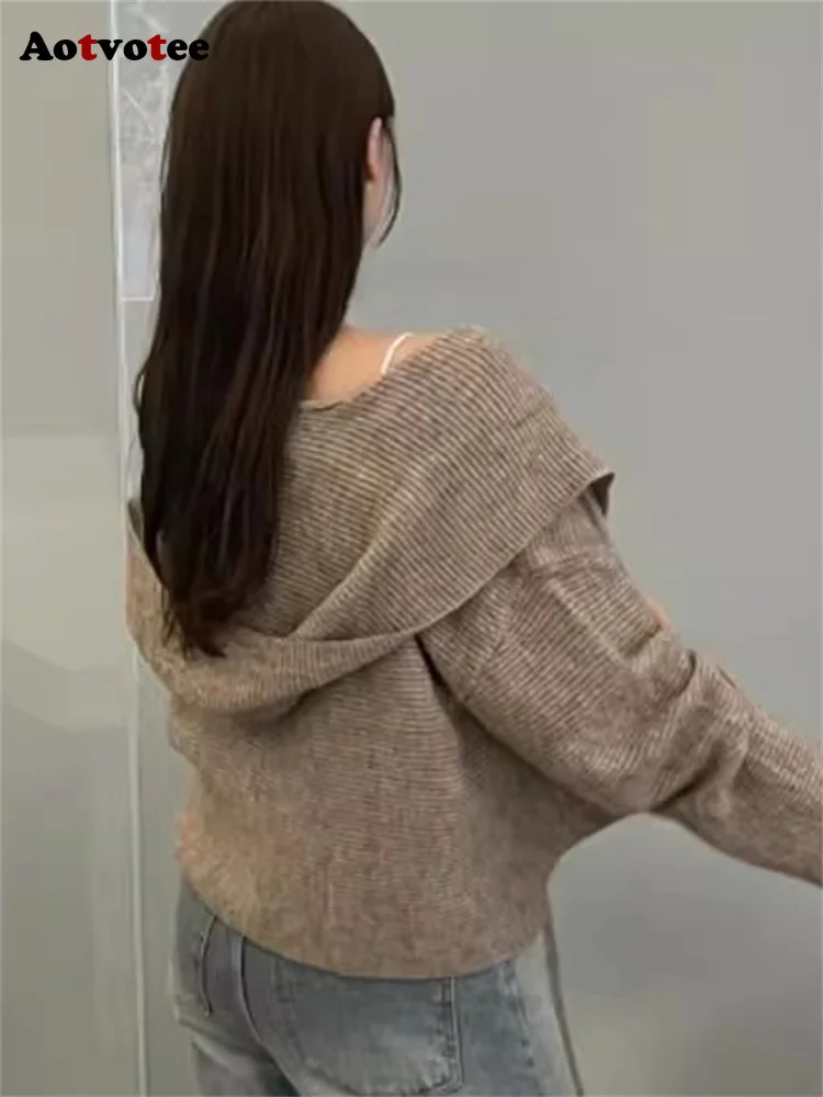 Aotvotee 여성용 V넥 가디건, 우아한 시크 레이스업 점퍼, 캐주얼 솔리드 니트 재킷, 후드 포함, 2023 가을 겨울 패션