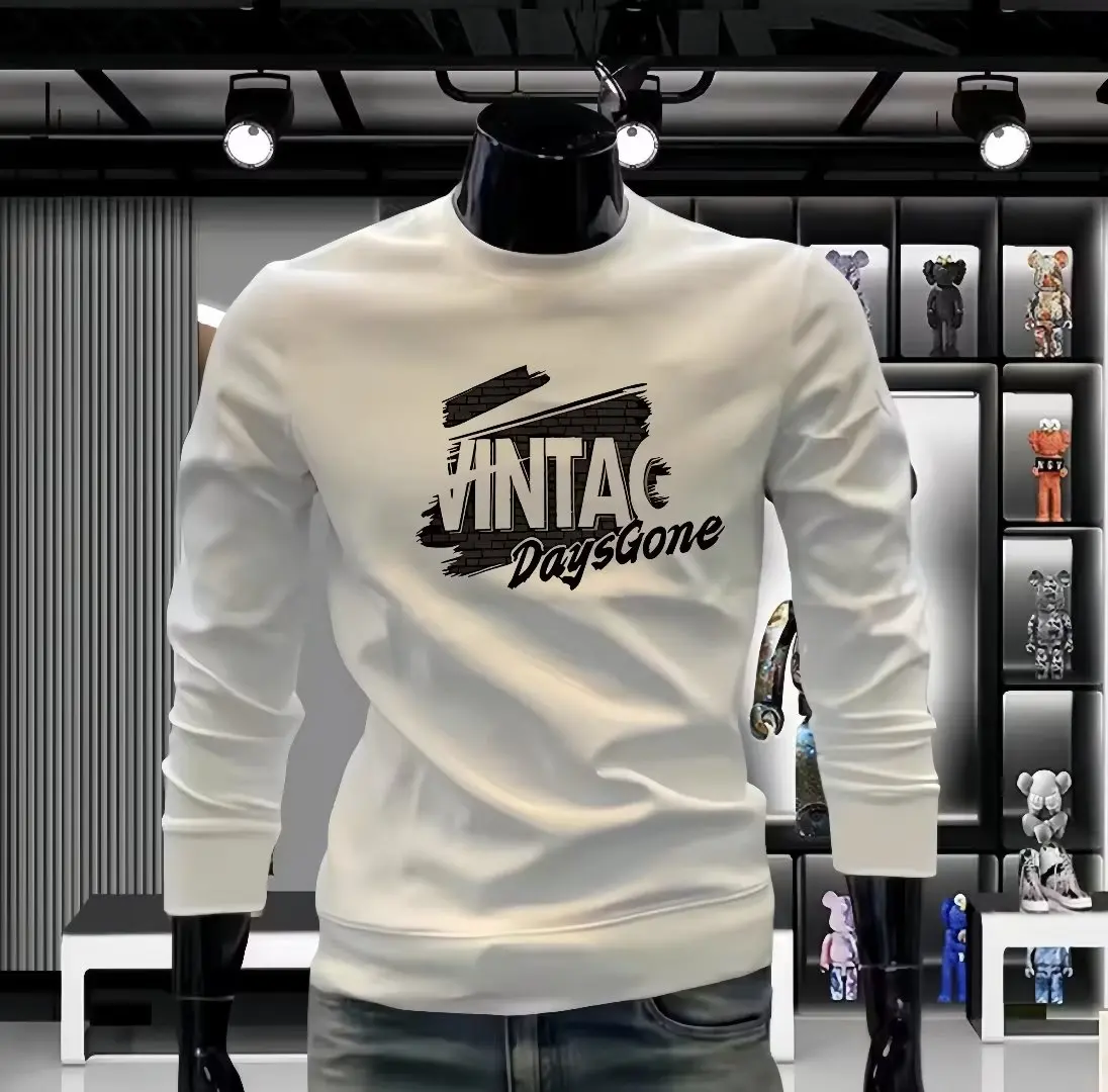 

Stylish Men's Casual Sportswear Autumn Winter Korean Warm Cotton Sweater High Quality Round Neck Long Sleeved Printed T-shirt