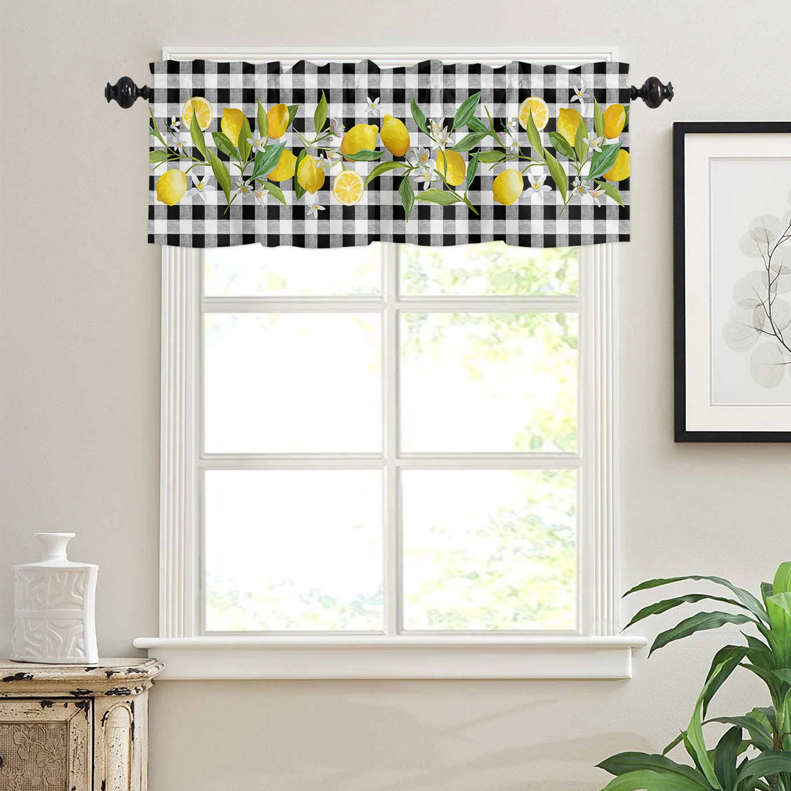 ZEDLIYU Valances for Windows Kitchen Living Room Small Window Valance Lemon Black and white checked short curtains 54 x 18 Inch 3