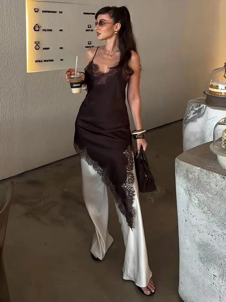 HH Women Sexy Lace Spliced Dress Elegant Solid Asymmetry Hem Dress Backless Sleeveless V Neck Mini Dresses Party Evening Dress