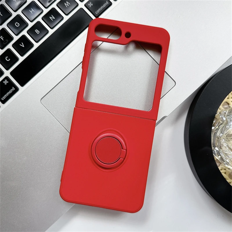 Soft Liquid Silicone Folding Phone Case with Square Frame and Magnetic Ring Holder