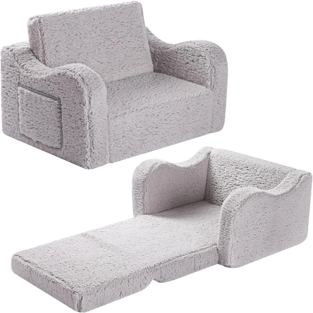 Convertible 2-In-1 Toddler Chair, Dual-Function Soft Sherpa Sofa Folding Chair For Little Ones, Transforms From Sofa To Recliner
