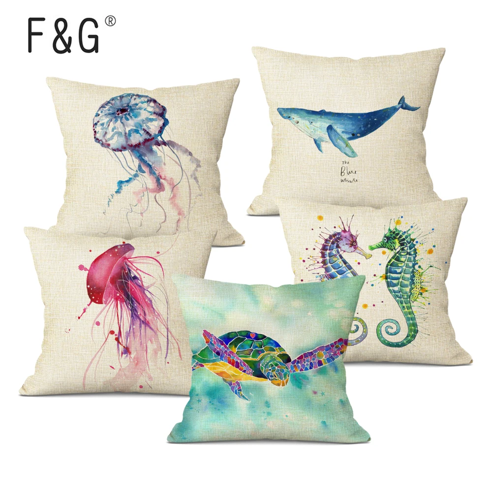 

Decoration Linen Marine Style Throw Pillow Case Animal Capa Para Almofada 45Cmx45Cm Square Printed Pillowcase Cushion Cover