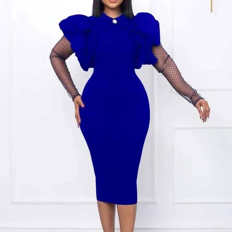 African Dresses for Women African Ruffles Patchwork Mesh Long Sleeve Elegant Office Ladies Work Wear Autumn Winter Midi Dress sweet pregnant woman organza dress fashion ruffles collar puff sleeve maternity breastfeeding clothes maternity nursing dresses