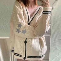 Knit Print Winter Cardigan Sweater Chic Vintage Star Preppy Long Sleeve Autumn V Neck Aesthetic Retro Single Breasted Sweaters - Image 2