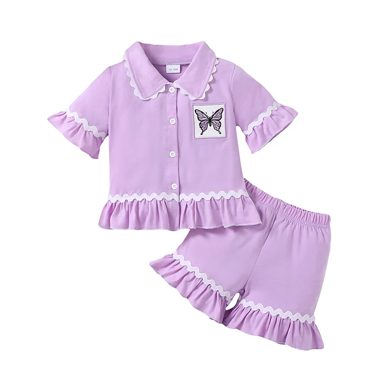 Toddler Girls Summer Pajama Sets Butterfly Embroidery Short-Sleeved Lapel Button Tops with Elastic Waist Ruffled Shorts