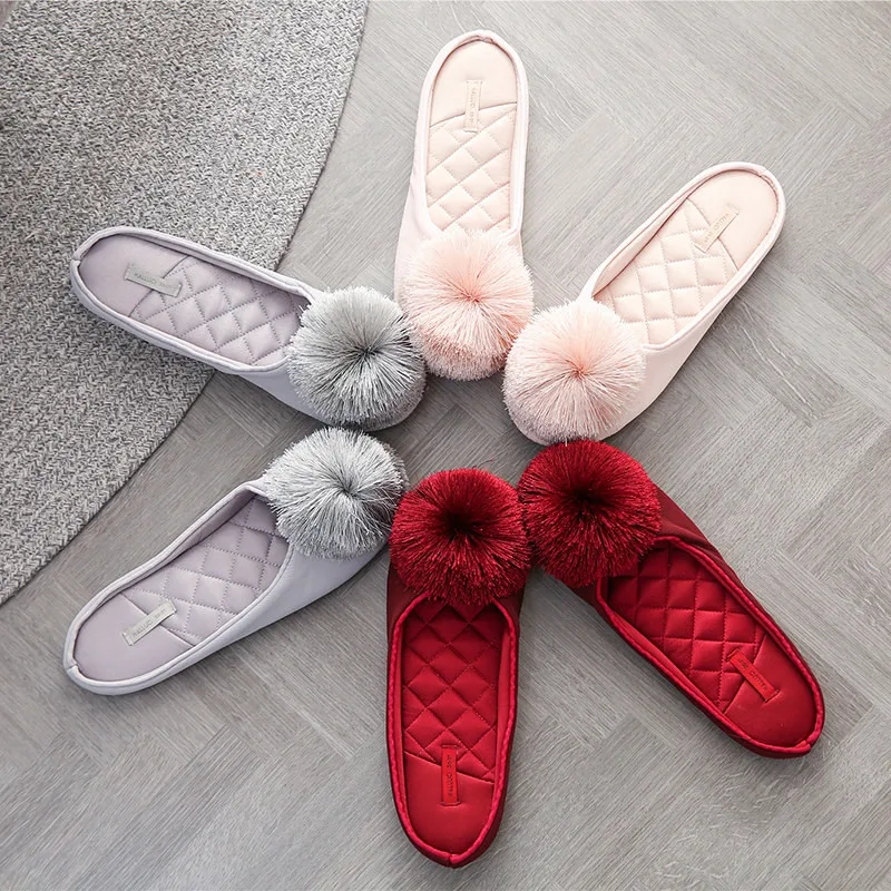 Women Satin Home Slippers With Plush Ball Cat Non-Slip Soft Warm House Indoor Bedroom Girl Memory Foam Floor Shoes — view 3