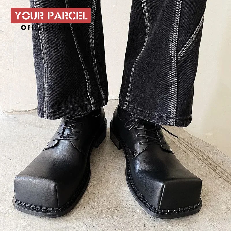 Derby shoes men's square toe Korean version niche design upturned trend leather shoes thick soles and increased height