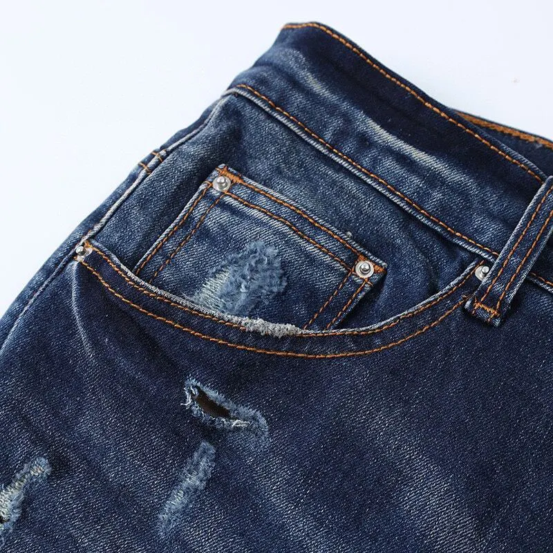 High Street Fashion Men Jeans Retro Dark Blue Stretch Skinny Fit Ripped Jeans Men Red Patched Designer Hip Hop Brand Pants Homme
