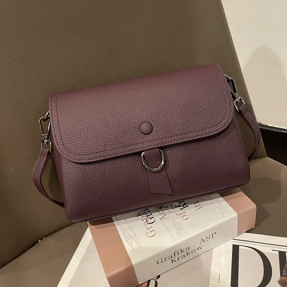 Real Cow Leather Small Square Bag Women's Solid Handbag Versatile Top Layer Cowhide Multi Compartment Single Shoulder Bag