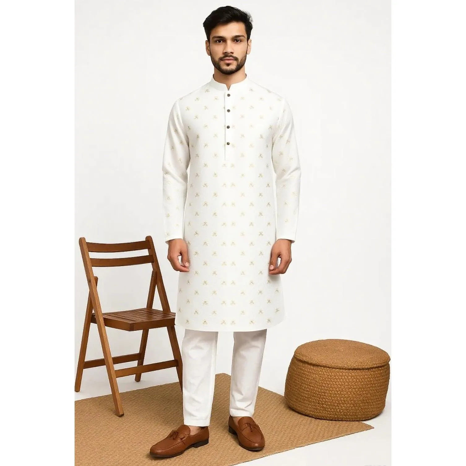 Stehkragen Muslimisches Hemd Herrenkleidung Folk Kaftan Musulman Kurta Indische islamische Kleidung Nationaler bedruckter nationaler Stil – Detail 3
