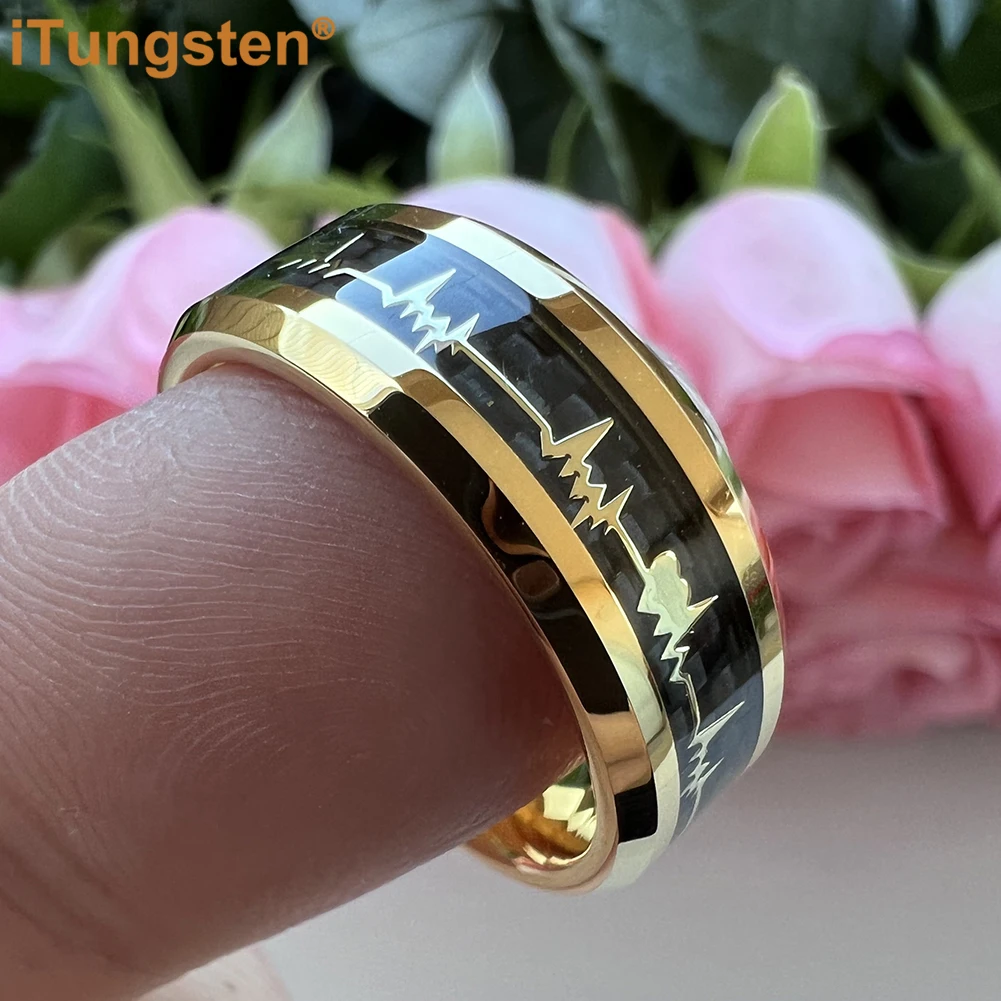 iTungsten 8mm Beautiful Heartbeat Ring Men Women Tungsten Wedding Band Fashion Jewelry Black Carbon Fiber Inlay Free Shipping