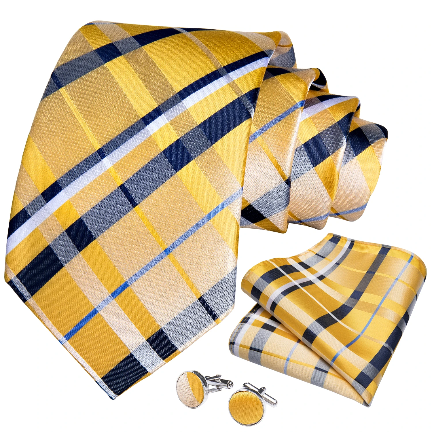 Neck Tie New Classic Yellow Striped Plaid Silk For Men Handkerchief Cufflinks Brooch Pin Wedding Accessories Men Gift