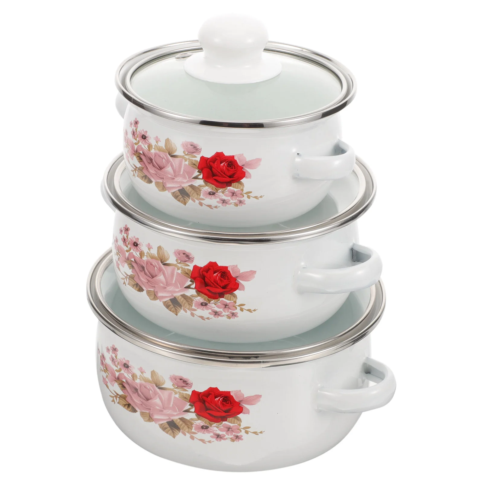 

3Pcs Enamel Stockpot Vintage Cooking Pot Double Handle Stew Pot Household Soup Pot with Lid