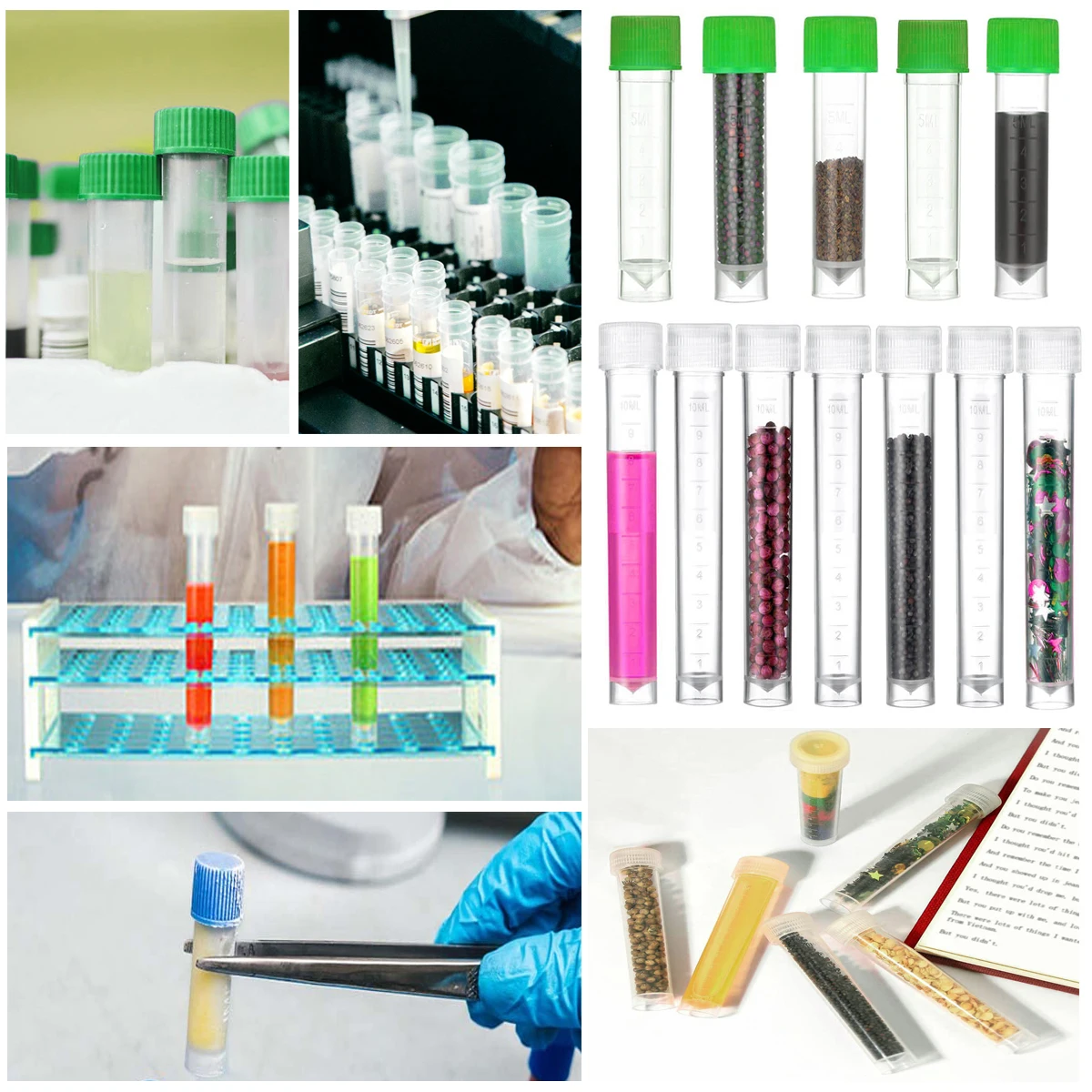 Plastic Test Tubes Vials Sample Container Powder Craft Screw Cap Bottles for Office School Chemistry Supplies 1-10ml 50/100Pcs