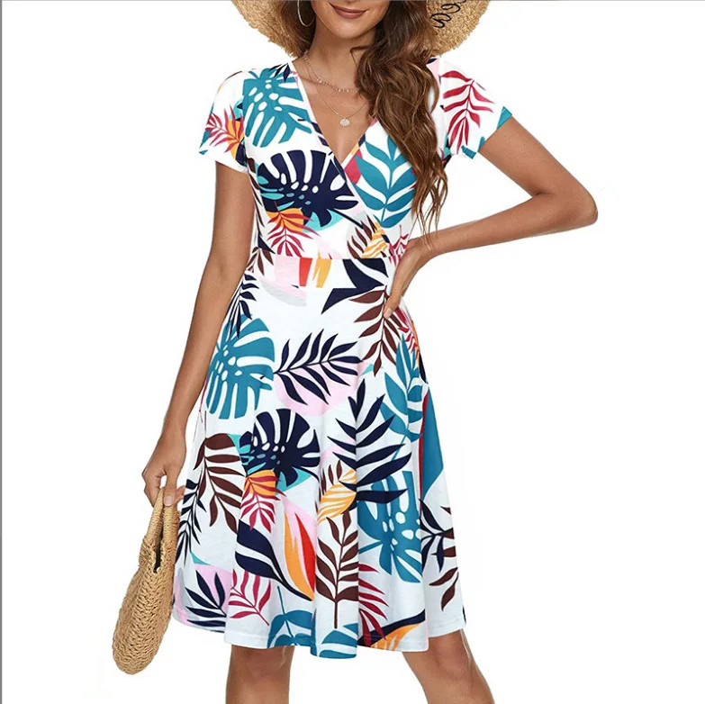 

2024 Spring New Women's Dress Short Sleeve V-neck Printed Bohemian Midi Skirt Casual Vacation Elegant Comfortable Midi Skirt