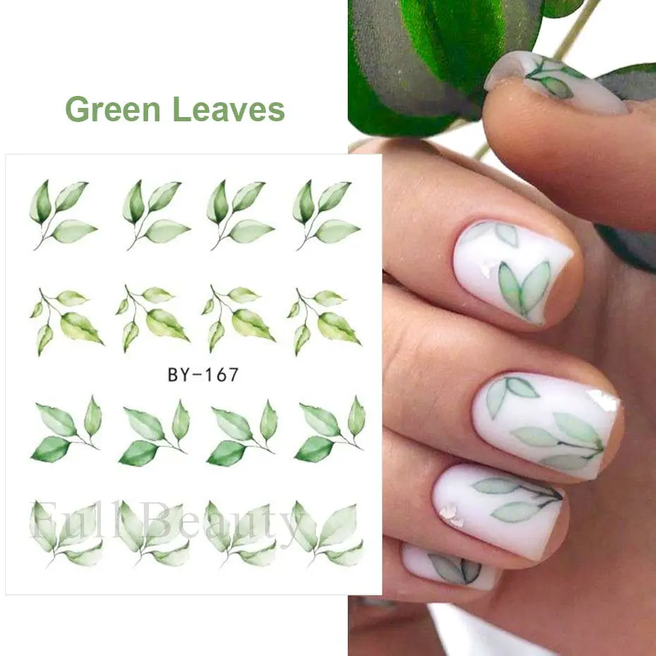 12pcs Green Leaves Stickers for Nails Summer Water Decals Watercolor Leaf Flower Nail Tattoos Slider Decorations LABY157-168 nail stickers nail art decoration nail decals