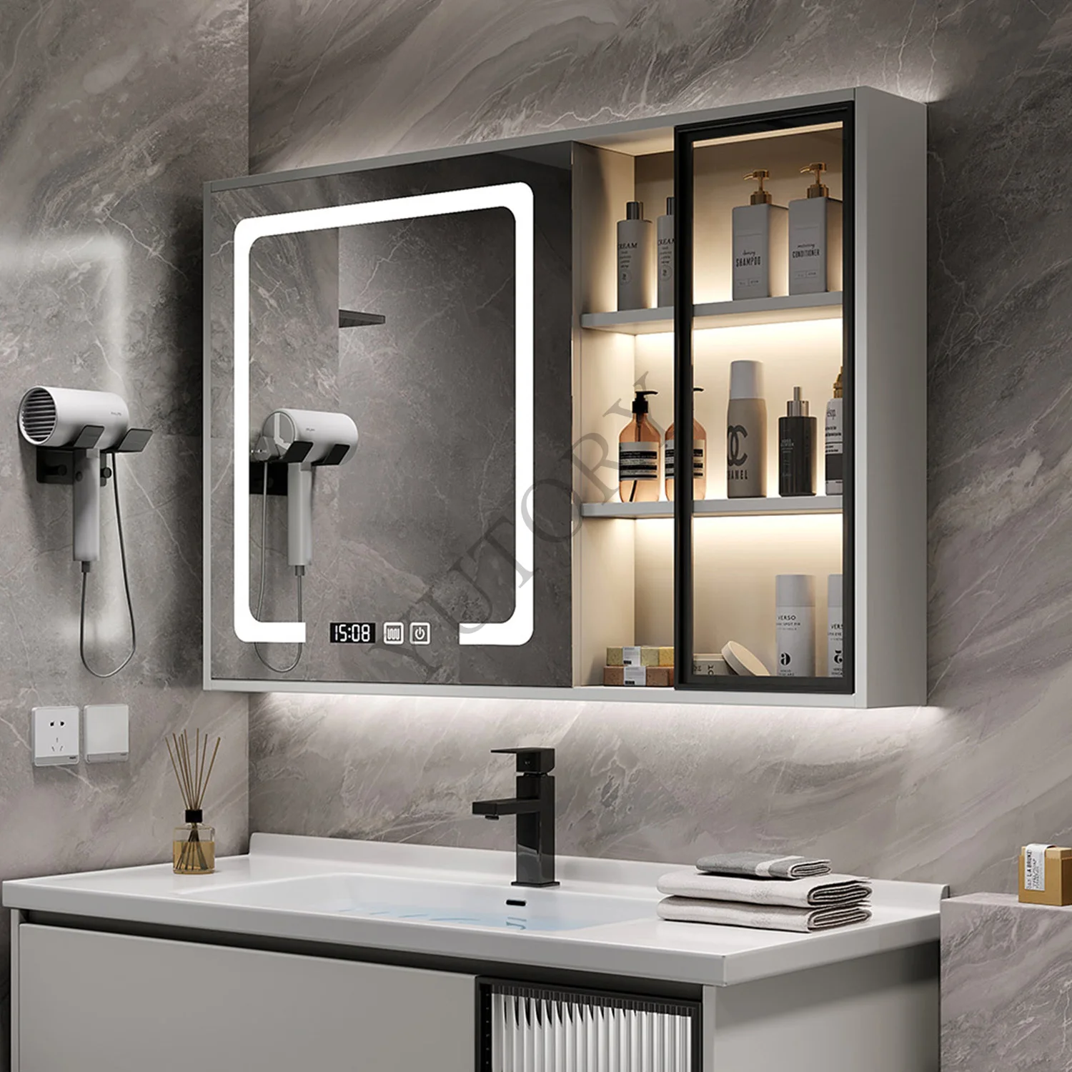 Solid wood smart bathroom mirror cabinet with lamp storage glass door defogging bathroom mirror wall-mounted type with rack