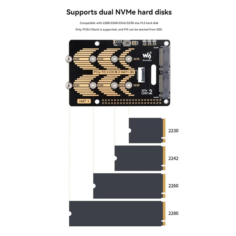Waveshare Pcie-듀얼 채널 M.2 어댑터 보드 모듈, Raspberry Pi 5 5Gbps 모듈 하드 디스크 읽기/쓰기 더 빠른 Module-N34R
