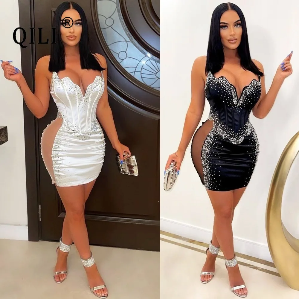 QILI Sexy Strapless Rhinestone Midi White Black Sleeveless Backless Dress Party Club