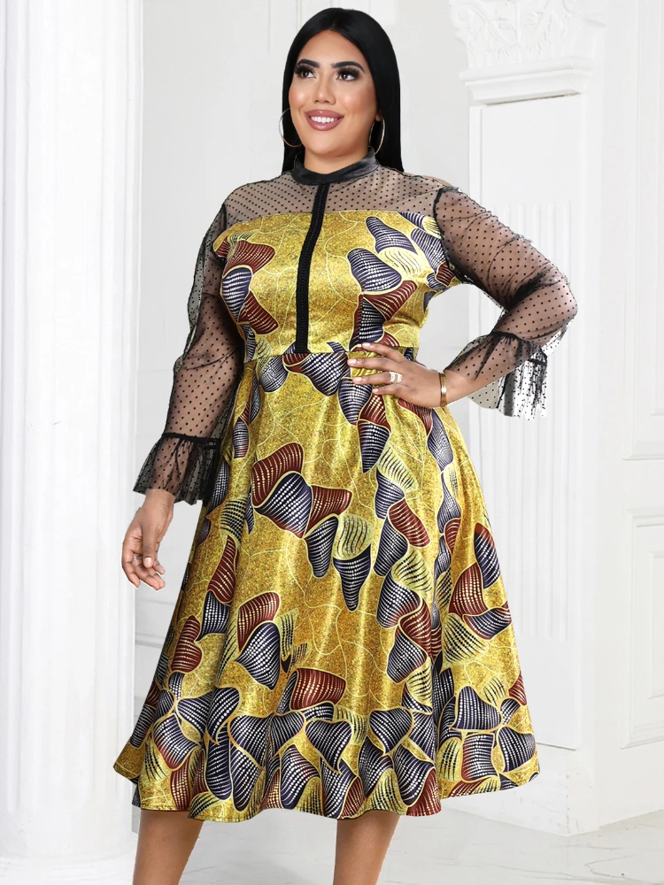 A Line Dress for Women Black Printed Patchwork Long Tulle Sleeve High Waist Ball Gowns Casual Evening Party Outfits Summer 2023