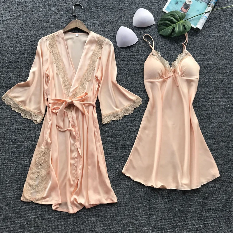 Women Pajamas 2PCS Leepwear Female Pajamas Set Satin Home Pyjamamas Lace Robe Sleep Suit V-Neck Wedding Nightwear Wear Nighty&Rob