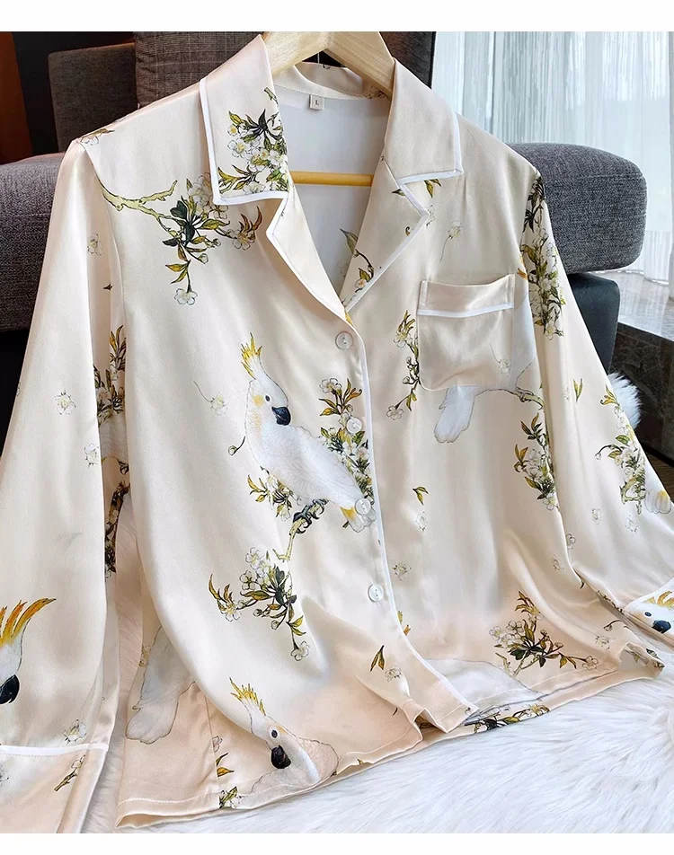 Printed Ladies Mulberry Silk pyjamas Tops & Pants Women Long Sleeve Soft Nightwear Female Loungewear Pure Silk Sleepwear Set - Image 6