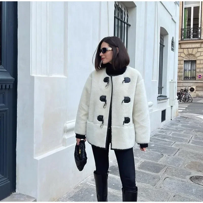 Getadme Winter Lamb Wool Plush Coat For Women Thicken Warm Long Sleeve Turtleneck Jackets Autumn Fashion Streetwear Ladies Overcoat