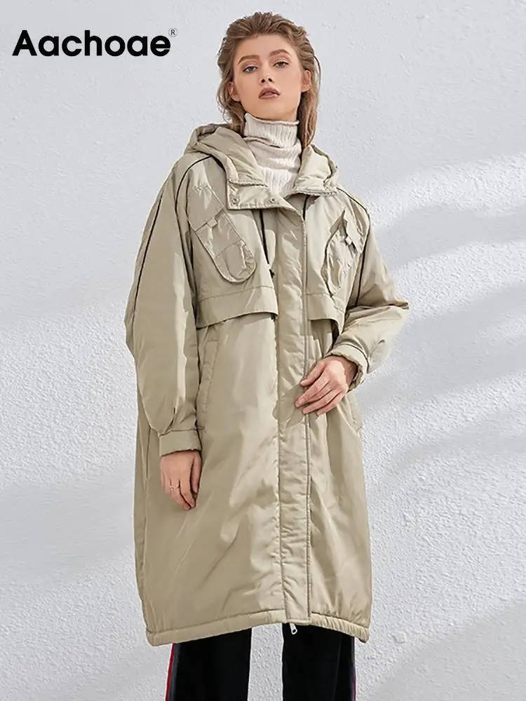 

Aachoae Streetwear Loose Long Hooded Jacket Women White Duck Down Coat Female Fashion Pockets Decorate Warm Parkas Winter