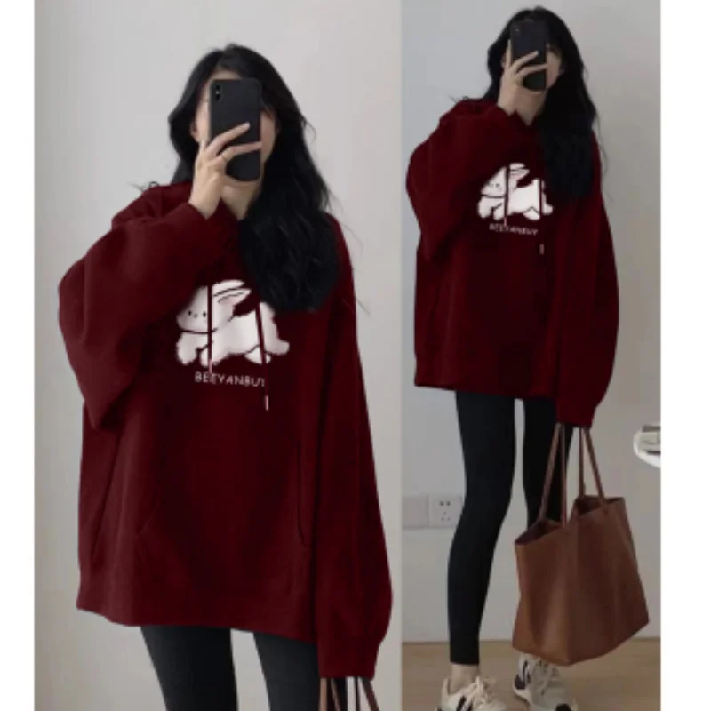 

Осенняя Женская одежда, корейская мода, мешковатый чистый черный пуловер, свитшот с принтом кролика и букв реглан, толстовка с длинными рукавами