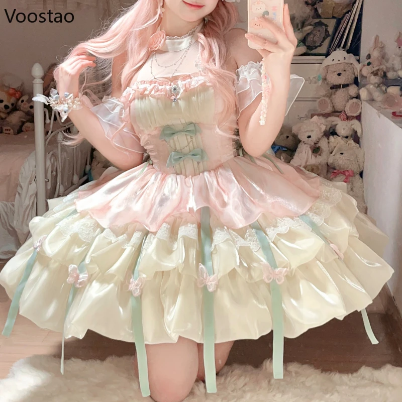 Vintage Victorian Lolita Princess Mini Dress Women Gothic Y2k Bow Lace Ruffles