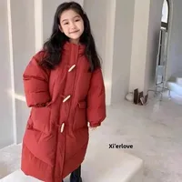 Trendy Mid-Length Thickened Cotton Jacket for Girls Knee-Length Casual Winter Outerwear Children's Fashionable Coat