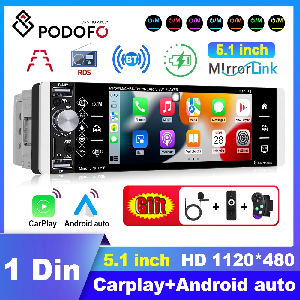 Car Radio 5.1 Inch MP5 Audio Video Player Android auto Carplay Bluetooth For Podofo