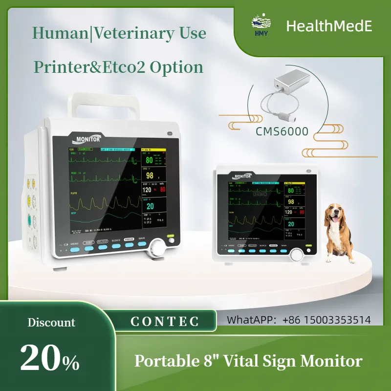 CONTEC Portable Patient Monitor Human/Veterinary 8" Vital Sign Monitor ECG NIBP RESP SPO2 PR TEMP (Printer&Etco2 Option)