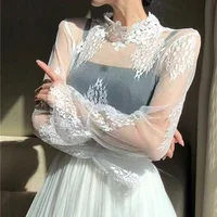 Chemisier Sexy en dentelle pour femmes, manches longues évasées, col haut, vêtements intérieurs, chemise en dentelle, tunique de Base, haut Perspective, bas Vintage 6