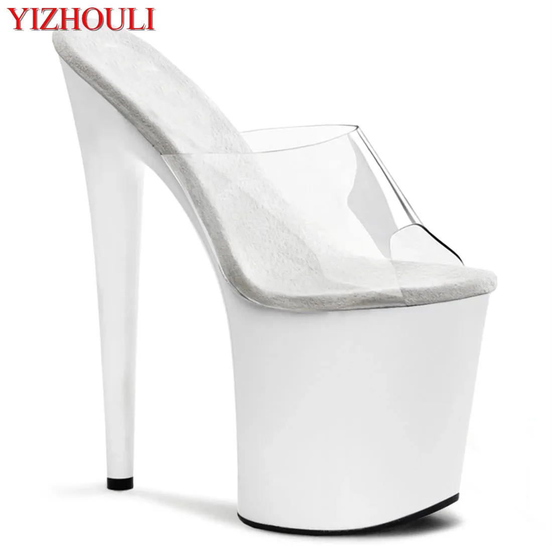 

White simple transparent uppers baked lacquer sole 23 cm ultra high heel slippers 9 inches sexy party dance shoes